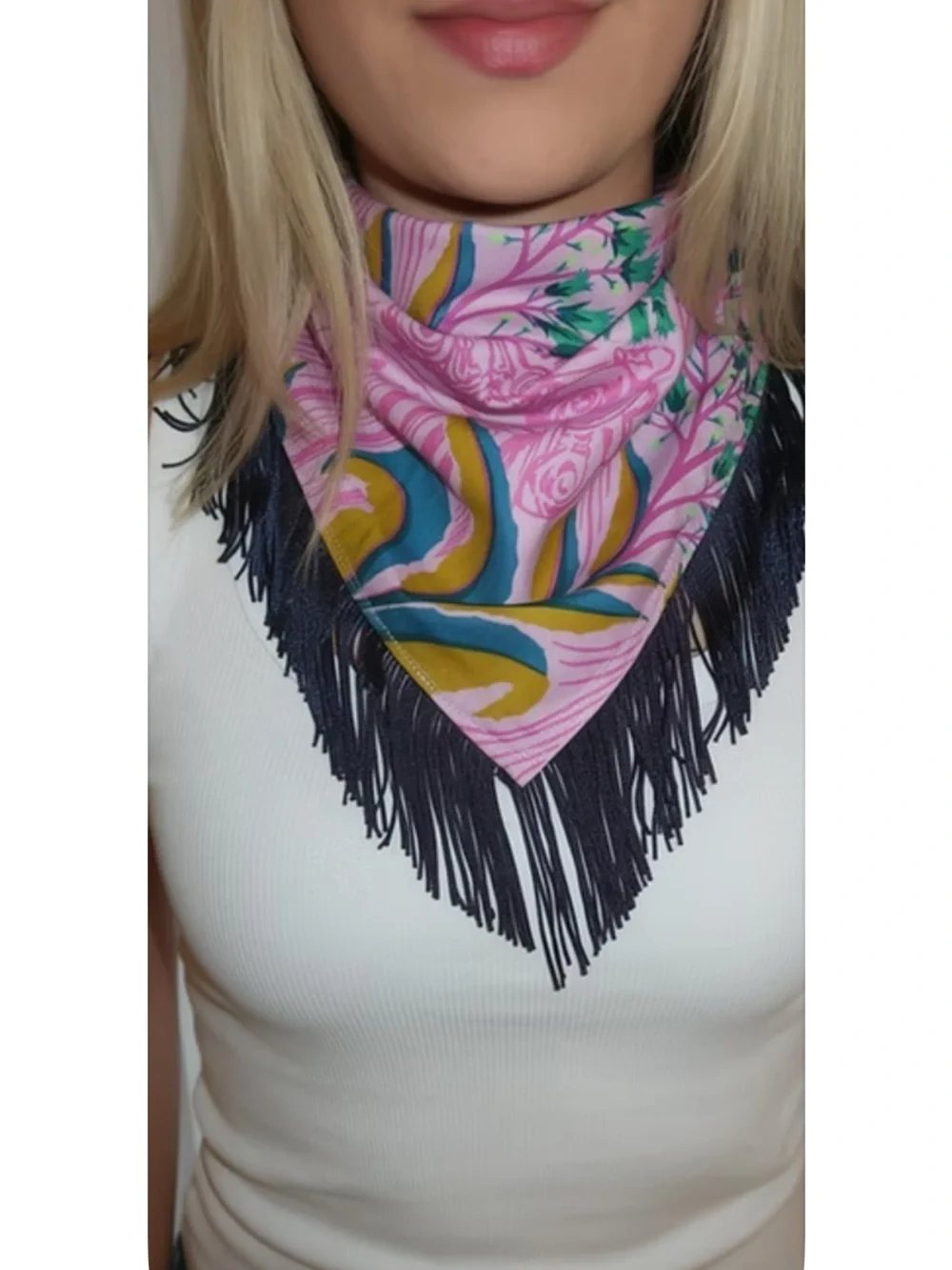 Floral Pink Fringe Bandana Scarf - Women's Accessory